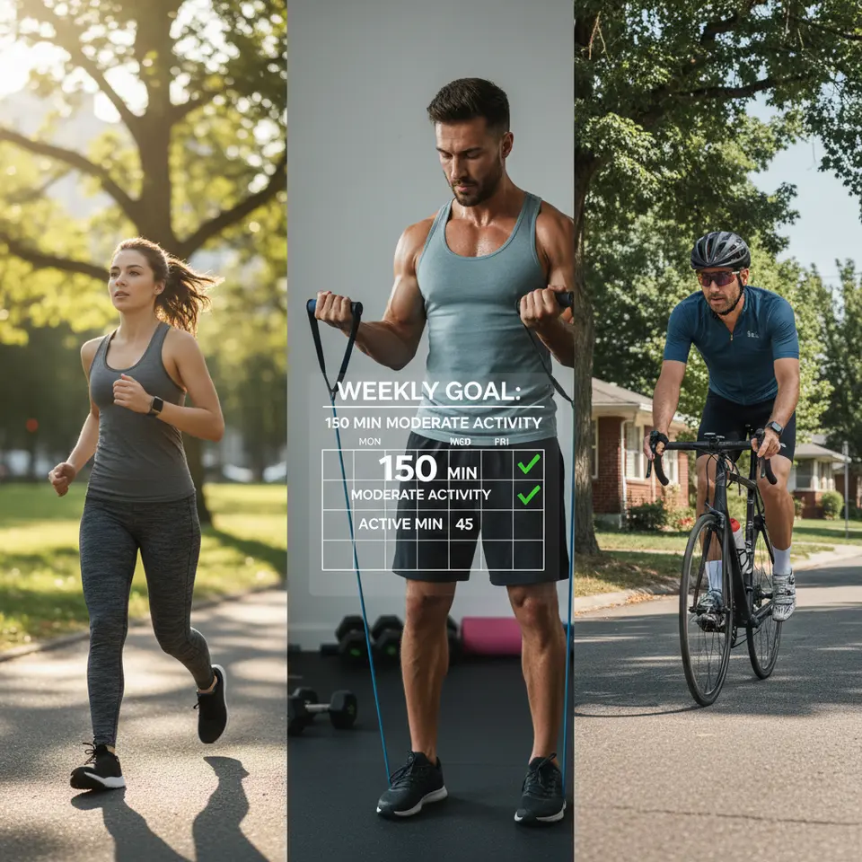 A dynamic collage illustrating a weekly exercise plan: a person briskly walking in a park, another doing resistance-band strength training, and a cyclist on a suburban street; wearable fitness trackers display steps, heart rate zones, and active-minute counts, with a small calendar overlay marking 150 minutes of moderate activity and progress checkpoints.